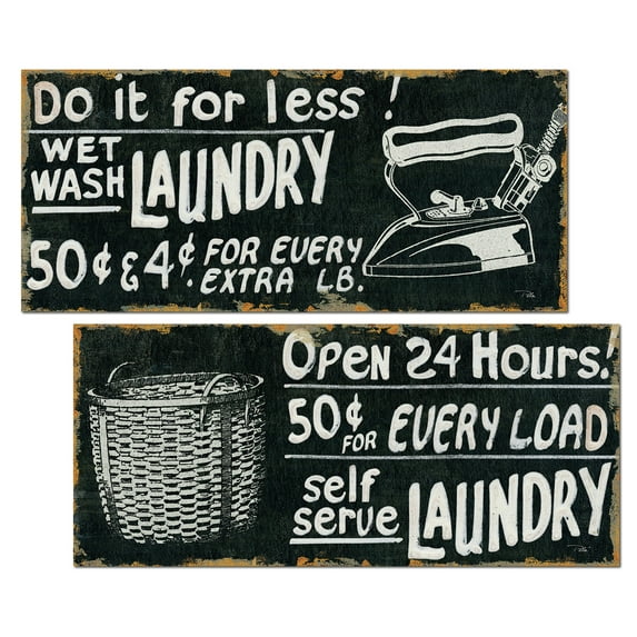 Vintage Black and White 'Do It For Less" and "Open 24 Hours" Adult Laundry Set; 2 - 18" x 8" Unframed Posters