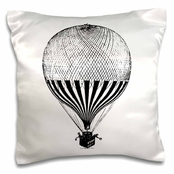 3dRose, Vintage Black and White Hot Air Balloon, 16x16 inch Pillow Case