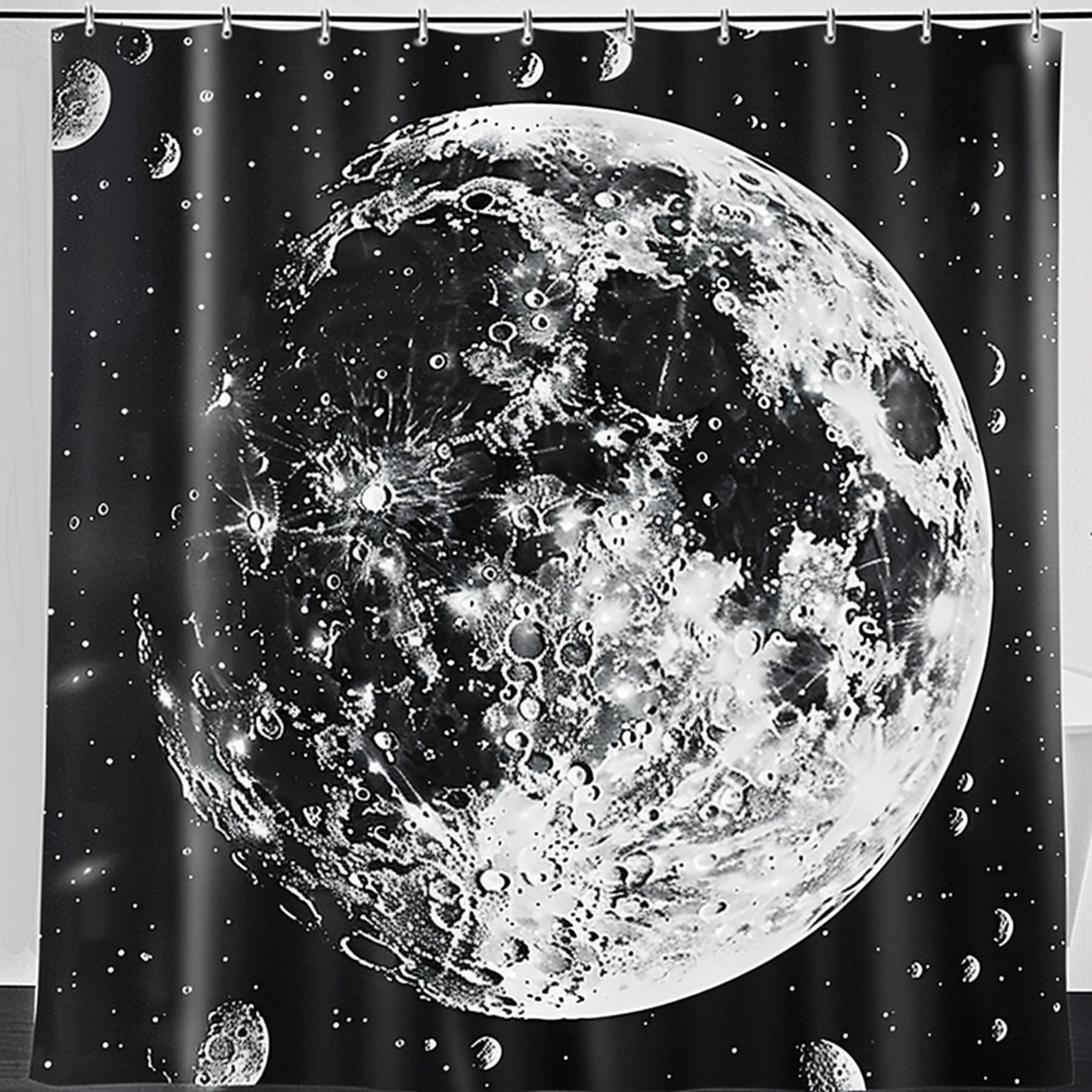 Vintage Black and White Moon and Earth Space Shower Curtain with Stars