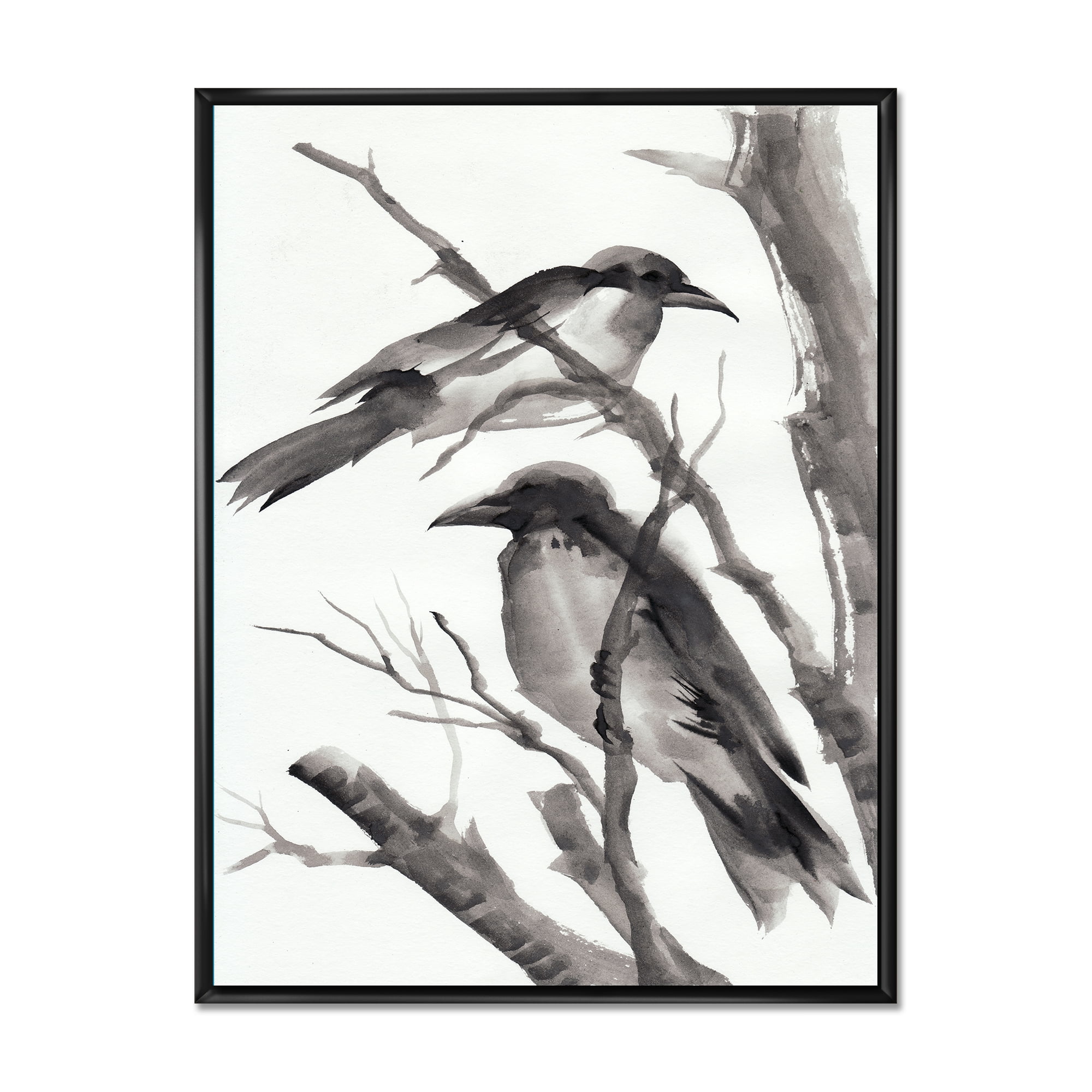 Vintage Black and White Sleeping Crows 30 in x 40 in Framed Painting Canvas Art Print, by Designart