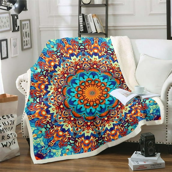 Vintage Blanket Mandala Floral Throw Blanket for Bed, Persian Medallion Fleece Blanket Throw Size, Bohemian Paisley Sherpa Blanket Tribal Hippie Fuzzy Blanket Microfiber