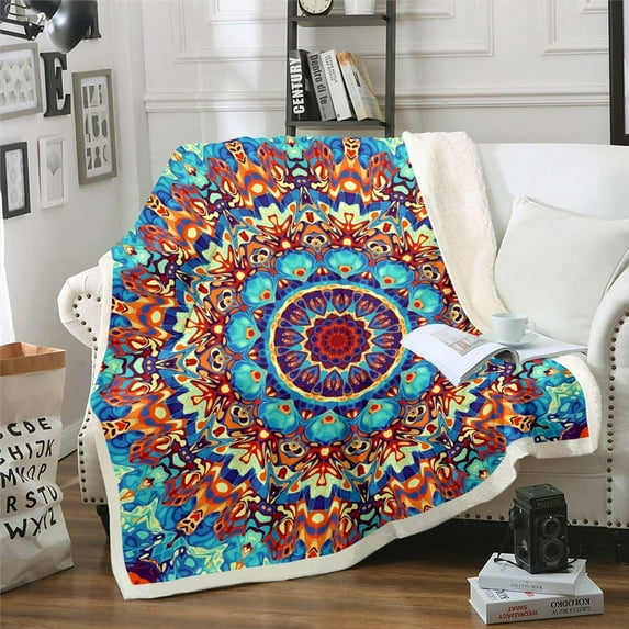 Vintage Blanket Mandala Floral Throw Blanket for Bed, Persian Medallion Fleece Blanket Throw Size, Bohemian Paisley Sherpa Blanket Tribal Hippie Fuzzy Blanket Microfiber