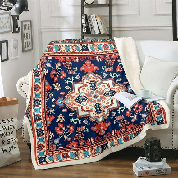 Vintage Blanket Persian Style Throw Blanket for Bed, Retro Bohemian Fleece Blanket 40x50 Size Tribal Paisley Sherpa Blanket, Oriental Medallion Fuzzy Blanket Women Girls Aesthetic Bedroom Decor