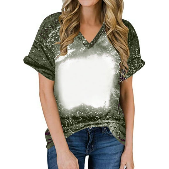 Vintage Bleached T-Shirt for Women Funny Graphic Tee Shirts Casual Short Sleeve V Neck Tshirt Vacation Tops Blouses