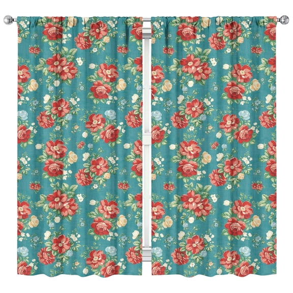 Vintage Bloom Kitchen Curtains 2 Pack - Retro Floral Pattern Semi-Sheer Tier Panels 42x84 Inch
