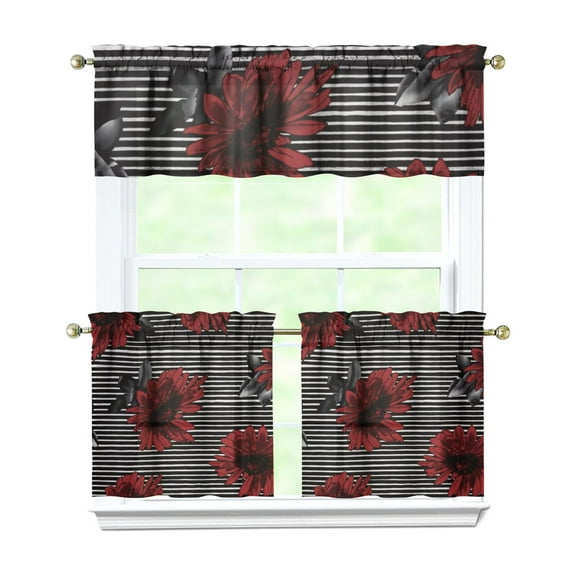 Vintage Blooming Curtains 24 Inch Short - 3 Panel Rustic Farmhouse Set with Bohemian Floral Design, Rod Pocket Kitchen Window Treatment