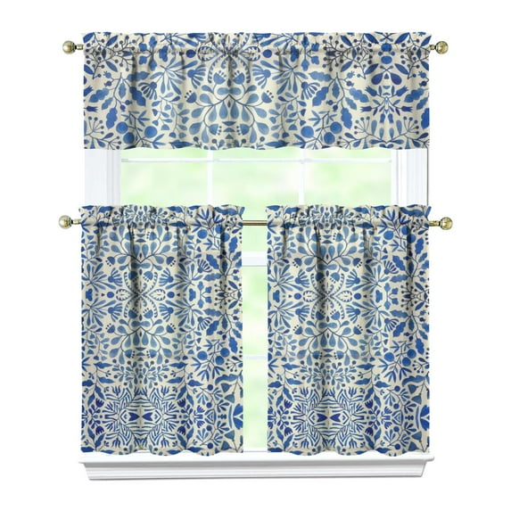Vintage Blooming Curtains 36 Inch - 3 Panel Rustic Farmhouse Set with Bohemian Floral Design, Rod Pocket Kitchen Window Treatment Decor