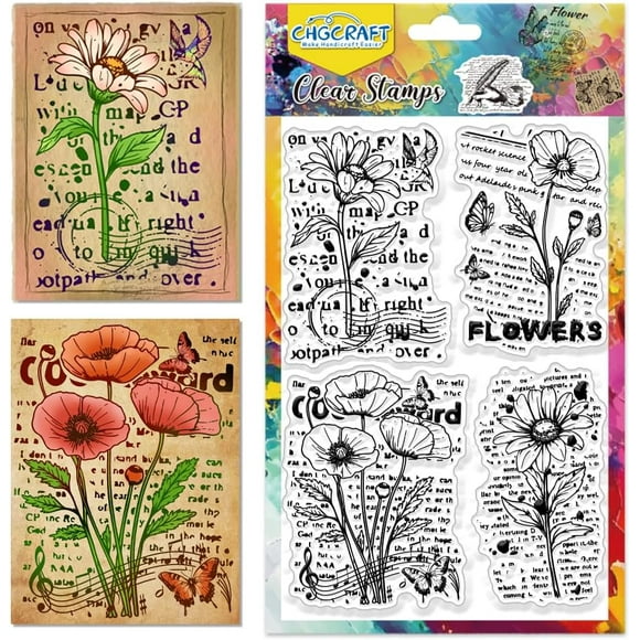 Vintage Blooming Flowers Clear Stamps Text Background Silicone Stamps Poppies Daisies Transparent Silicone Stamp Seals for DIY Scrapbooking Card Making Photo Album Postard Decoration