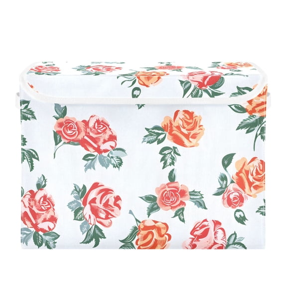 Vintage Blooming Roses Leaves Foldable Storage Bin with Lid and Handle Collapsible Storage Box 16.5 x 12.6 x 11.8 inches