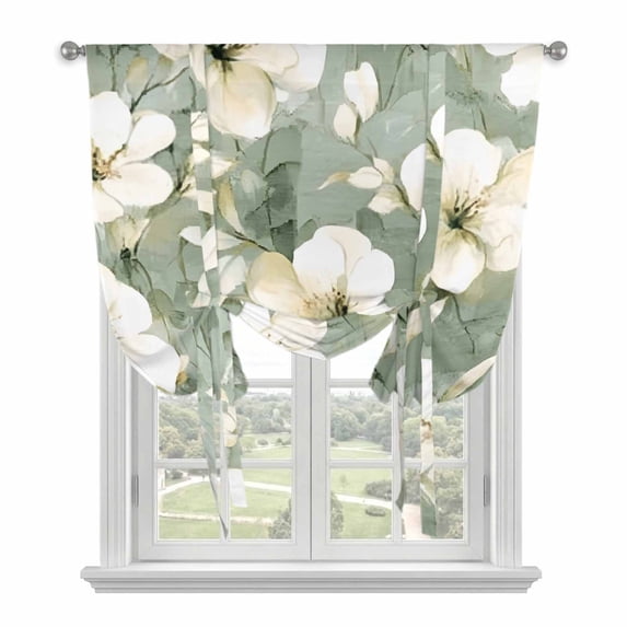 Vintage Blooming Tie Up Curtain 63 Inches Long, White Floral Watercolor Sage Green Oil Paint Balloon Style Kitchen Window Curtain Over Sink, Small Window Rod Pocket Curtain 52"x63"