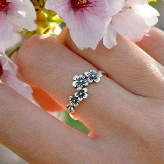 Vintage Blooming Wild Floral Ring Index Finger Ring Retro Daisy Flower Hawaiian Vine 925 Sterling Silver 4 Plumeria Flowers Wedding Band Ring for Women Boho Ring Jewelry Gift 8#