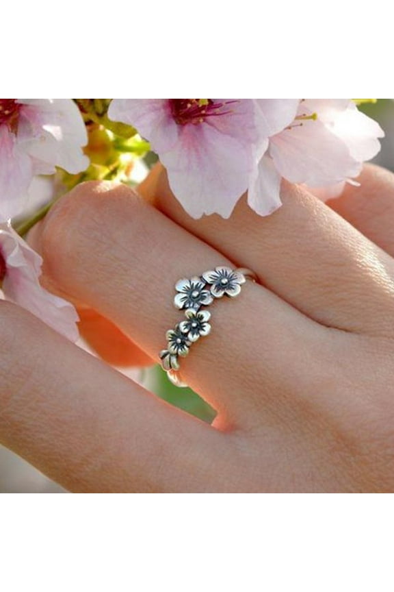 Vintage Blooming Wild Floral Ring Index Finger Ring Retro Daisy Flower Hawaiian Vine 925 Sterling Silver 4 Plumeria Flowers Wedding Band Ring for Women Boho Ring Jewelry Gift 8#
