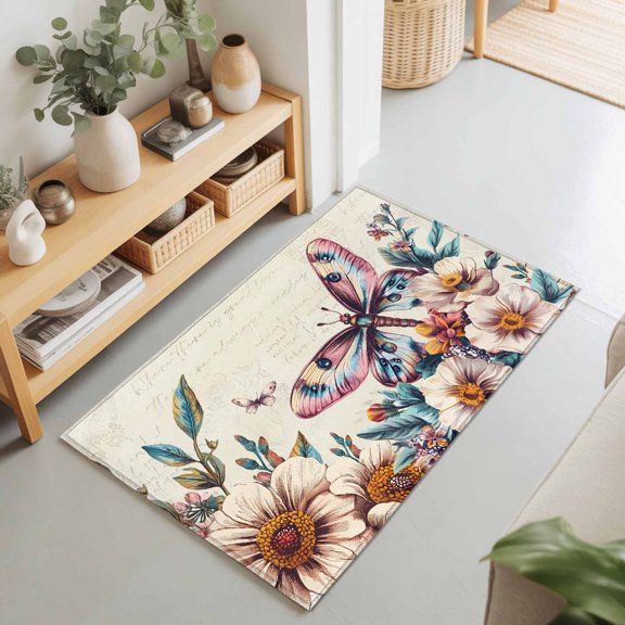 Vintage Blossom Flower Butterfly Rectangle Area Rug 2x3ft,Living Room Rug Non-Slip Washable Circle Rugs Pad,Spring Floral on Postcard Soft Floor Carpet for Bedroom Dining Room