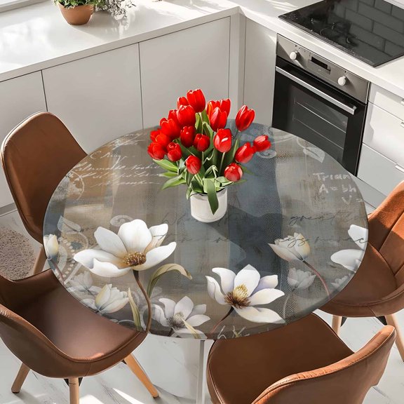 Vintage Blossom Flower Tulip Round Fitted Tablecloth with Elastic Edge,Waterproof Table Cloth Fits Tables Up to 36"-44",Washable Table Cover for Indoor Outdoor Dinning Party,Swirling Postcard Texture