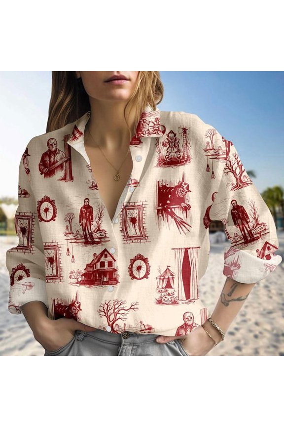 Vintage Blouse Shirt for Women, Halloween Slasher Button Up Top, Fall Shirt, Season Tee, Button Up Shirt