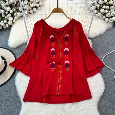 Vintage Blouse for Women V Neck Lace-up Embroidered Flare Sleeve Camisas Ethnic Style Loose A-line Blusas Mujer Summer Dropship
