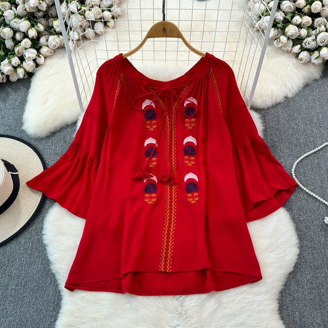 Vintage Blouse for Women V Neck Lace-up Embroidered Flare Sleeve Camisas Ethnic Style Loose A-line Blusas Mujer Summer Dropship