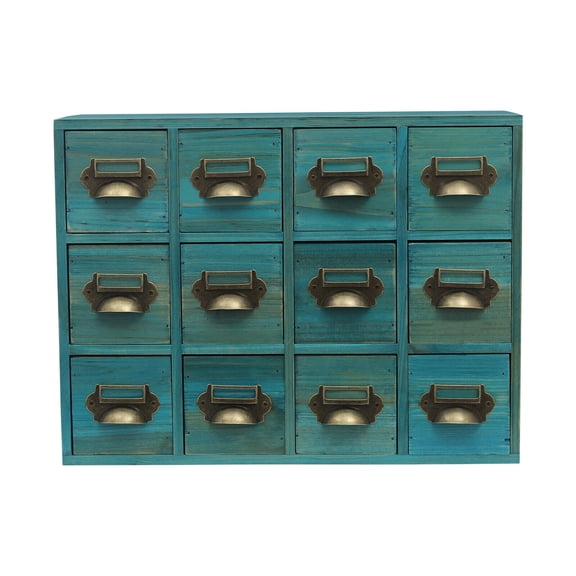 Vintage Blue 12-Drawer Storage Cabinet - Solid Wood Organizer for Jewelry, Spices, Makeup & More (16.5"x6.3") - No Assembly Needed!