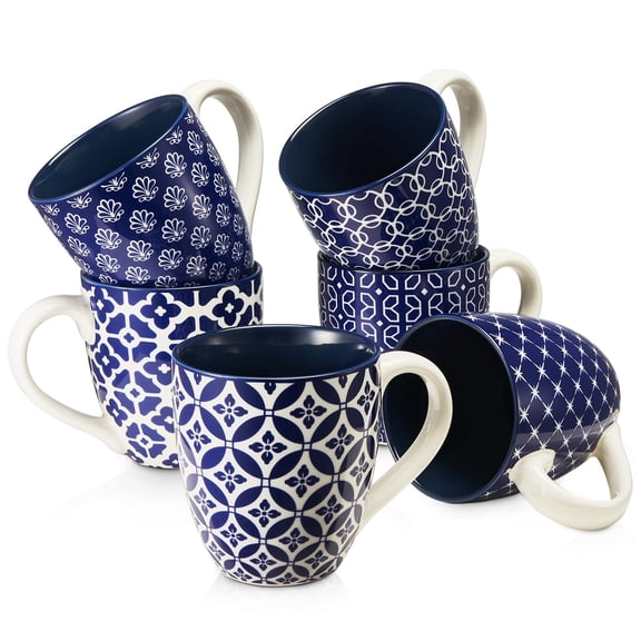 Vintage Blue 16 oz Porcelain Cups, Set of 6 for Tea, Coffee, Cocoa