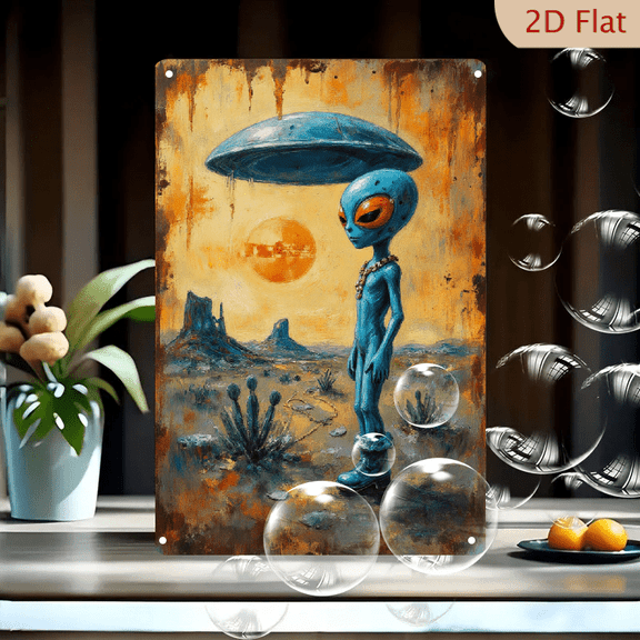 Vintage Blue Alien Art 8x12in Metal Wall Decor, Retro Desert Landscape with UFO and Rust Stains, Painterly Style Space Poster for Living Room or Office
