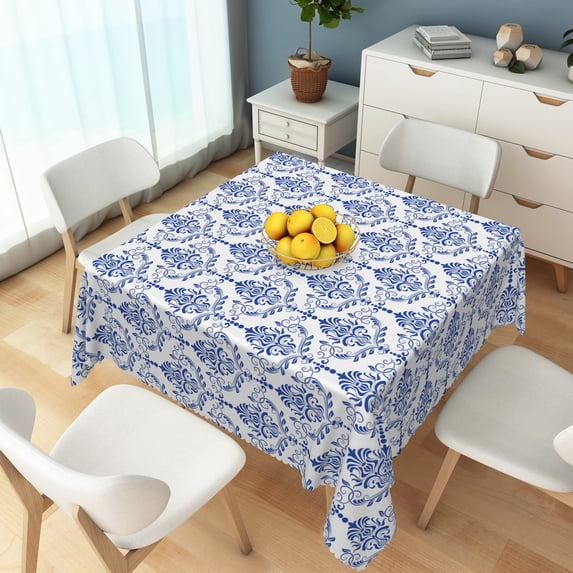 Vintage Blue And White Floral Square Tablecloth,Waterproof Table Cover For Holiday Party Dining Picnic Outdoor Decor,52x52 Inch