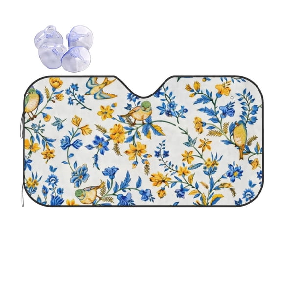 Vintage Blue And Yellow Floral Bird Car Windshield Sun Shade Universal Fit Auto Sun Visor Protector