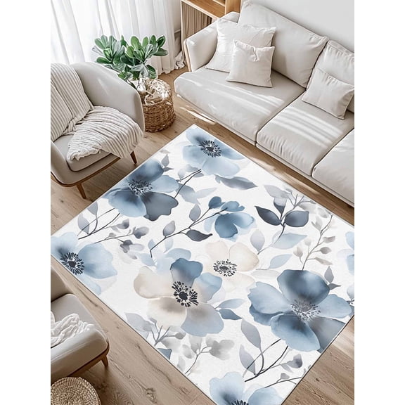 Vintage Blue Area Rug for Bedroom 4x6 Ft Brown Watercolor Flowers Petals Abstract Art Super Soft fuzzy Throw Rug Non-Slip Fluffy Plush Indoor Floor Carpet for Living Room Nursery Home Decor