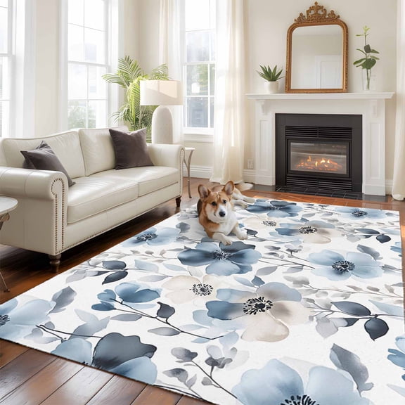 Vintage Blue Area Rugs 5x7 ft Brown Watercolor Flowers Petals Abstract Art Washable Rug Non Slip Indoor Carpet Absorbent Floor Mat for Living Room Bedroom Dining Room