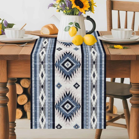Vintage Blue Aztec Geometric Table Runner 36 Inches Long, Abstract Ethnic Patchwork Table Runners Tabletop Scarf Kitchen Dining Tables Decoration for Home Party Indoor Outdoor