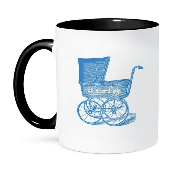 3dRose, Vintage Blue Baby Carriage With Its A Boy, 15oz Two-Tone Black Mug