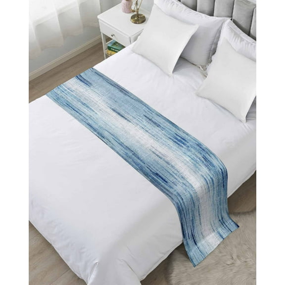 Vintage Blue Bed Runner for Twin Size Bed, Retro Blue Ombre Modern Abstract Art Bedspread Protector Slipcover Bed Scarf for Foot Bed Runners & Scarves for Bedroom Hotel Wedding Room 71x20 Inches