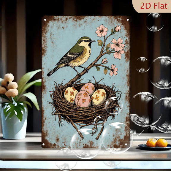 Vintage Blue Bird Nest Art 8x12inches Metal Wall Decor, Rustic Spring Nature Scene with Green Yellow Bird, Pink Flowers, Speckled Eggs, Floral Pattern Tin Sign for Home Kitchen Living Room