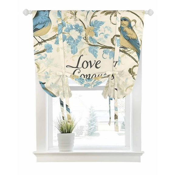 Vintage Blue Birds Tie Up Curtains for Window, Thermal Insulted Balloon Shade Adjustable Rod Pocket Curtains Valance Panels for Kitchen Bathroom Cafe 42 x 54 Summer Botanical Retro Floral