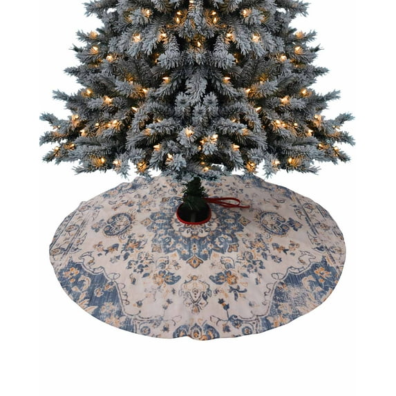 Vintage Blue Boho Christmas Tree Skirt 48 Inches Large Christmas Skirt Tree, Southwestern Ethnic Mexican Flowers Tree Skirt Christmas Decorations for Fireplace Party Holidays Indoor Outdoor