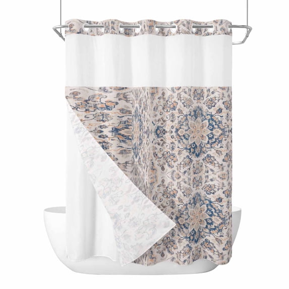 Vintage Blue Boho No Hook Shower Curtain Waterproof,Bathroom Curtains with Snap in Liners and See Through Top Window,Mexican Flowers Southwestern Ethnic Hotel Style Bathtub Curtains Shower 48"Wx72"L