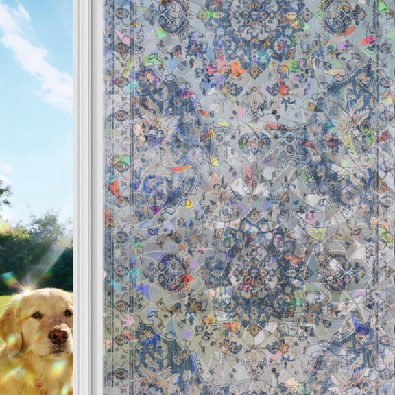 Vintage Blue Boho Window Privacy Film Stain Glass,Reusable Decorative Rainbow Window Film,Southwestern Ethnic Mexican Flowers Static Cling Sun Blocking Stickers Decals Covers 23.6" x 59" (2pcs)