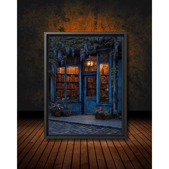 Vintage Blue Bookstore Poster, Old Book Shop Street Scene Wall Art, Librarian Dark Academia Reading Nook Room Decor, Style, Unframed Poster Size 12x18