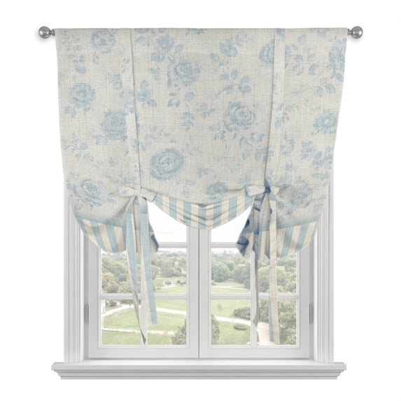Vintage Blue Bow Tie Up Curtains for Windows, Adjustable Balloon Window Shades, Farmhouse Roses Floral Stripes Kitchen Window Treatments Adjustable Roll Up Curtain for Basement/Nursery 52"x45"