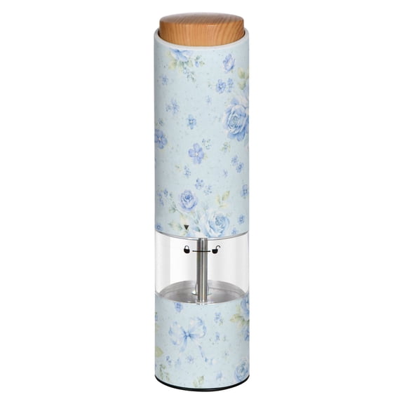 Vintage Blue Bow-shaped Flower Printed Electric Pepper Mill One-Touch Battery Operated Salt Grinder Adjustable Coarseness Decorative Counter Spice Tool
