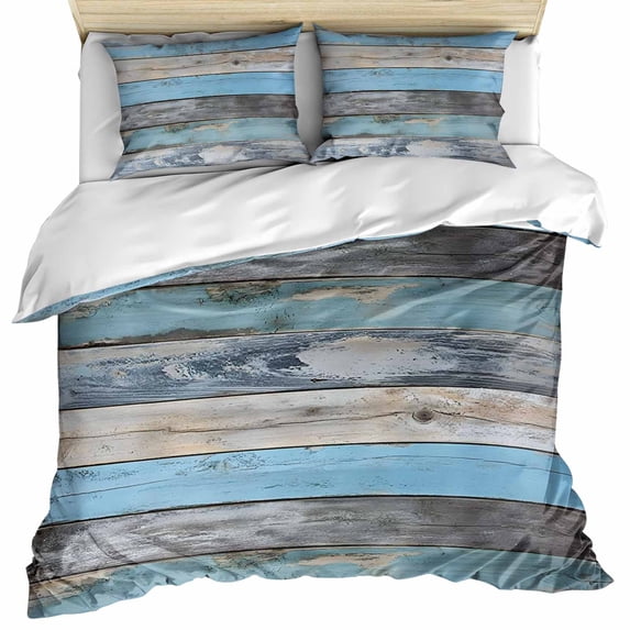 Vintage Blue Brown Grey Bedding 3 Piece Duvet Cover Set Queen Size, Retro Farmhouse Wooden Country Soft Microfiber Comforter Cover with Zipper Closure & Pillowcases, FadeResistant Quilt Cover