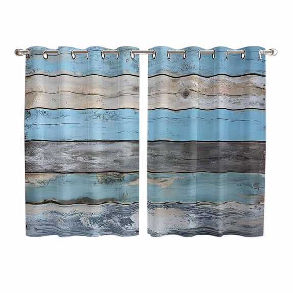 Vintage Blue Brown Grey Kitchen Curtains 72 Inch Length, Retro Farmhouse Wooden Country Grommet Top Bedroom Living Room Curtains, Light Filtering Cafe Curtain Drapes 2 Panels Set 104''x72''