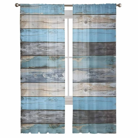 Vintage Blue Brown Grey Semi Sheer Curtains 108 Inch Length 2 Panels Set, Retro Farmhouse Wooden Country Sheer Kitchen Curtain Privacy Voile Window Curtain for Living Room Bedroom Rod Pocket Drapes