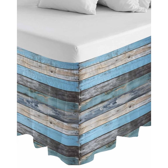 Vintage Blue Brown Grey Wrap Around Bed Skirts for King Bed 18" Drop,Bed Skirt with Adjustable Elastic Belt Dust Ruffle Bed Valance for Bedroom Hotel Retro Farmhouse Wooden Country Bed Frame Cover