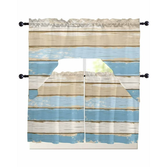 Vintage Blue Brown Kitchen Curtains Sets 24 Inch Length with Valance, Retro Country Watercolor Wood Grain Swag Valances and Tiers Curtain Set Drapes Swag Curtains for Living Room, Bathroom, Bedroom