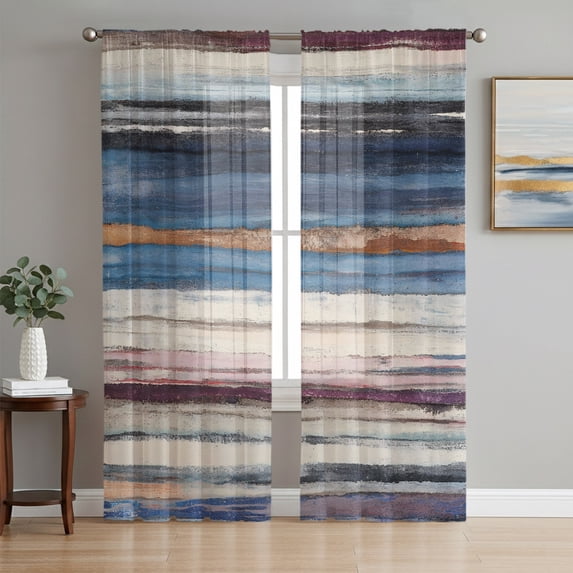 Vintage Blue Brown Striped Sheer Curtains 84 Inch Length 2 Panels Set, Farmhouse Stripes Retro Voile Window Treatment Rod Pocket Curtains Sheers Drapes for Bedroom/Living Room/Kitchen 52"x84"x2