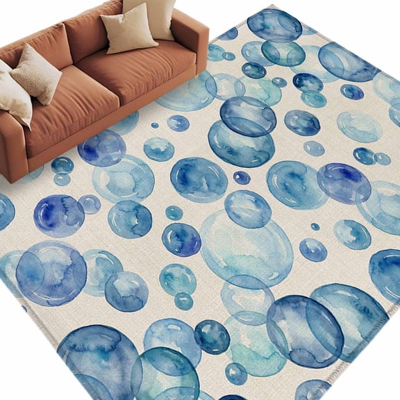 Vintage Blue Bubbles Rectangle Area Rug 5x7 ft Watercolor Gradient Bubble Summer Ocean Washable Rugs for Living Room, Non Slip Soft Carpet for Bedroom Entryway Dining Room