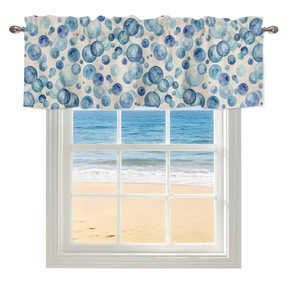 Vintage Blue Bubbles Window Valance for Kitchen, Watercolor Gradient Bubble Summer Ocean Rod Pocket Short Curtain for Small Windows, Light Filtering Decorative Valance, 42 x 12 Inch