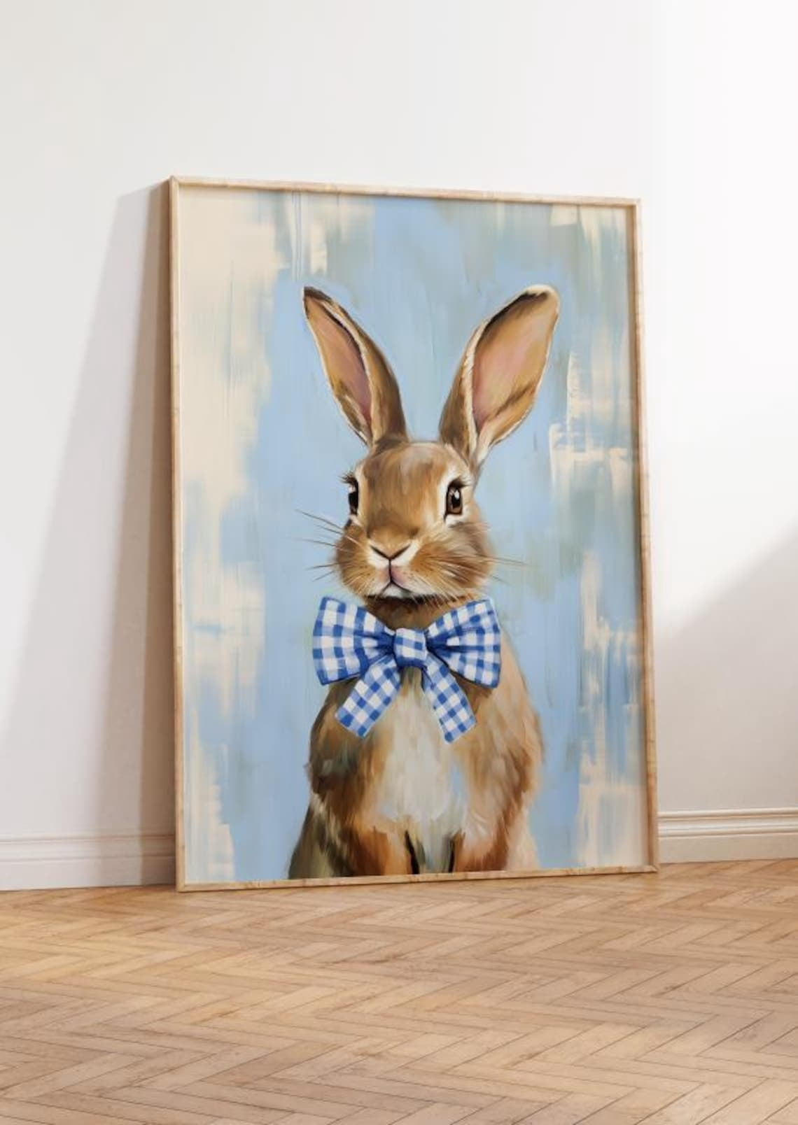 Vintage Blue Bunny Nursery Print, Blue Rabbit Gingham Wall Art, Easter ...