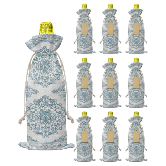 Vintage Blue Burlap Wine Bags 10 PCS, Boho Mexican Floral Southwestern Wine Gift Bags Bottle Covers with Drawstring for Holiday Party Wedding Birthday, Reusable Champagne Bottle Bag