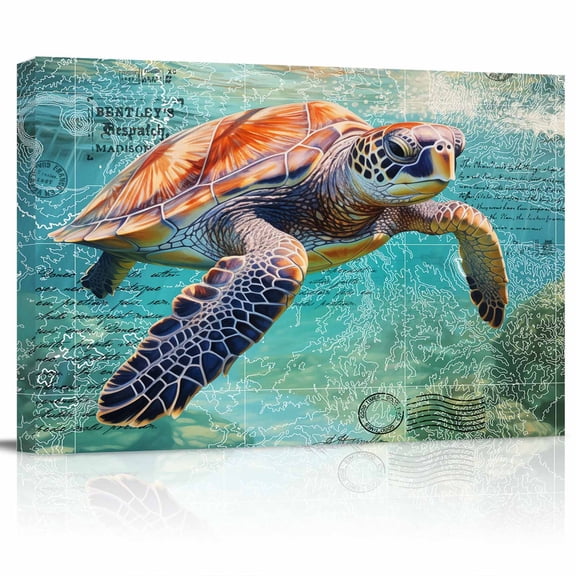 Vintage Blue Canvas Print Wall Art Ocean Abstract Sea Turtle Map Pictures Painting Morden Artwork for Living Room Bedroom, Ready to Hang - 12"x16"